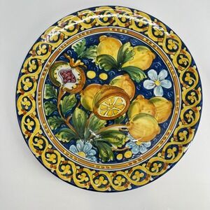 Italian Ceramic Decorative Plate Lemons Pomegranate Floral Blue‎ Yellow Art